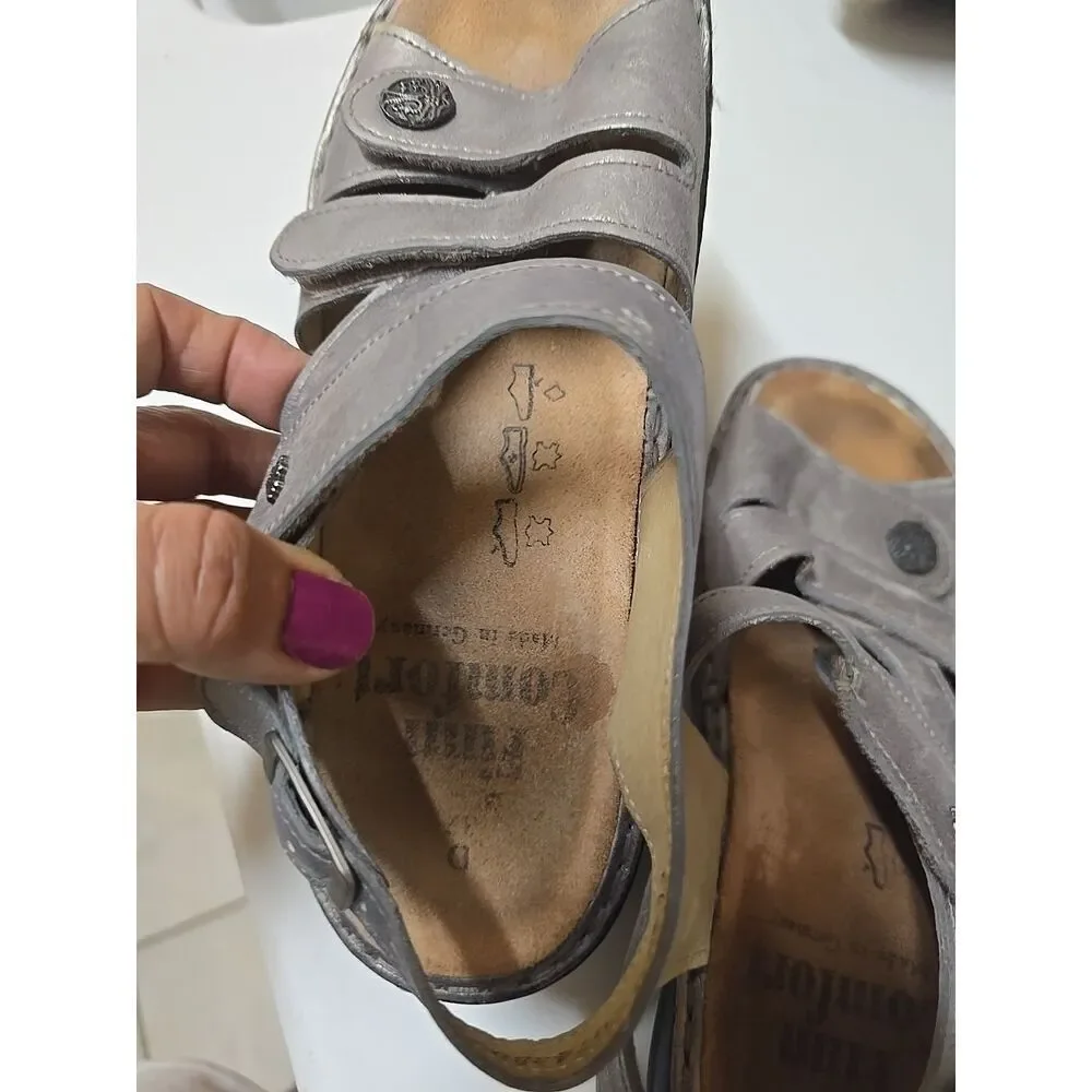 Finn Comfort Gomera Sandals Womens 37  D‎ Silver Metallic Leather Buckle Straps